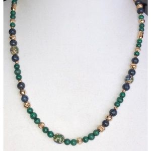 Cloisonné, Lapis, Malachite Gemstones & 14k Gold Bead (4-10 mm) Necklace